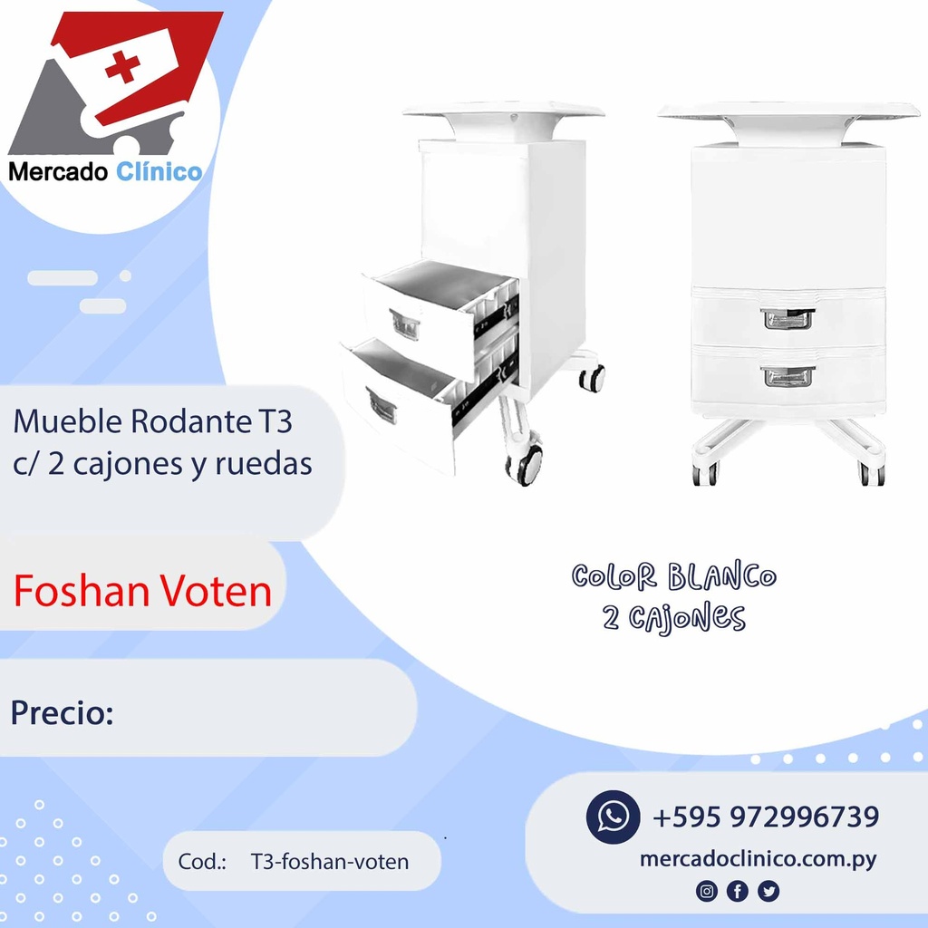 Mueble Rodante T3 Color Blanco - c/ 2 cajones y ruedas - Foshan Voten