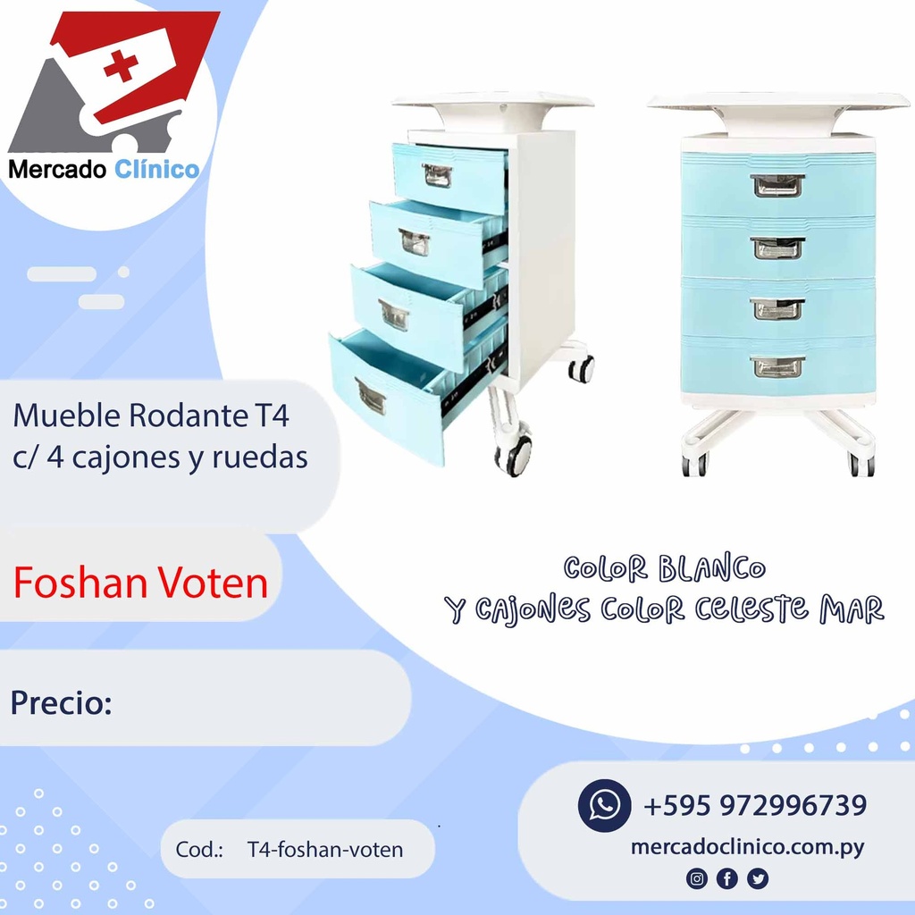 Mueble Rodante T4 Color Blanco y cajones Celeste - c/ 4 cajones y ruedas - Foshan Voten