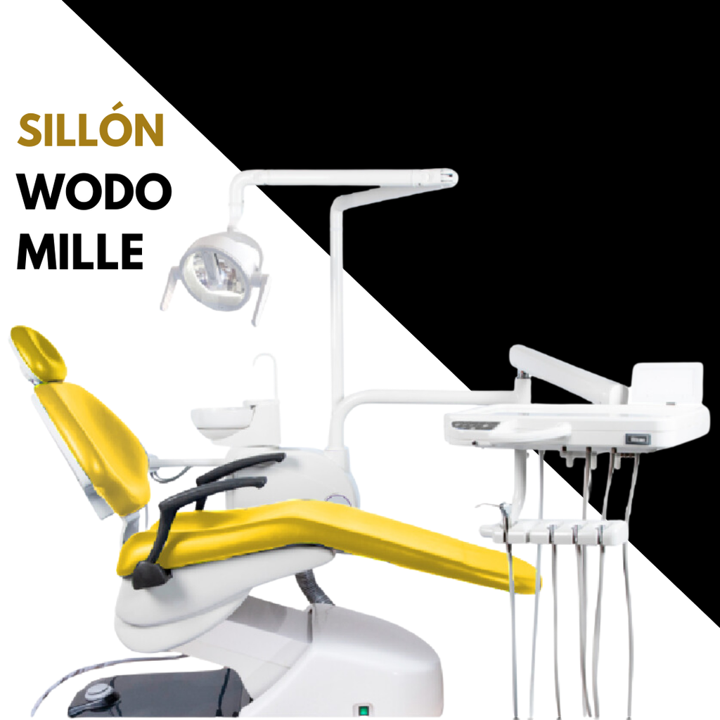 Sillon dental modelo mille con 2 Suctor banqueta premiun y reflector bi volor, bacha ceramica y picos metalicos pulido. (Woson)