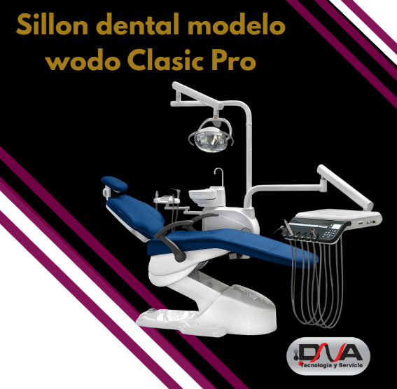 Sillón dental modelo wodo Clasic Pro, reflector faro italiano y tapizado eco cuero, 2 suctores y jeringa auxiliar + control pad auxiliar (Woson)