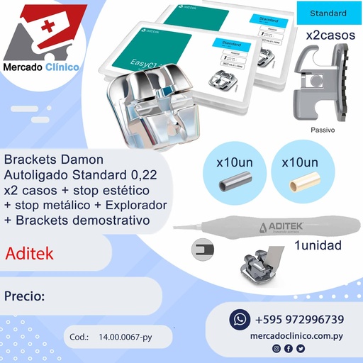 [14.00.0067] Kit Brackets Damon  Autoligado Standard 0,22 - x2 casos + stop estético + stop metálico + Explorador + Brackets demostrativo - Aditek