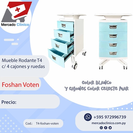 [T4-foshen-voten] Mueble Rodante T4 Color Blanco y cajones Celeste - c/ 4 cajones y ruedas - Foshan Voten