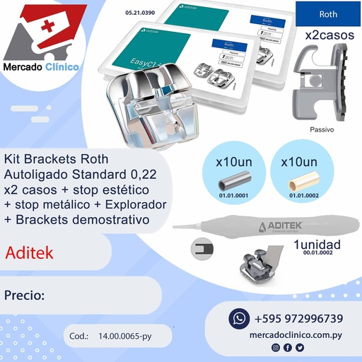 [569647] Kit Brackets Roth Autoligado 0,22 - x4 casos + 4 secuencias de arcos+ 2 stop metálico + 1 Gancho bola +1 Explorador + 1 Pinza porta Brackets - Aditek