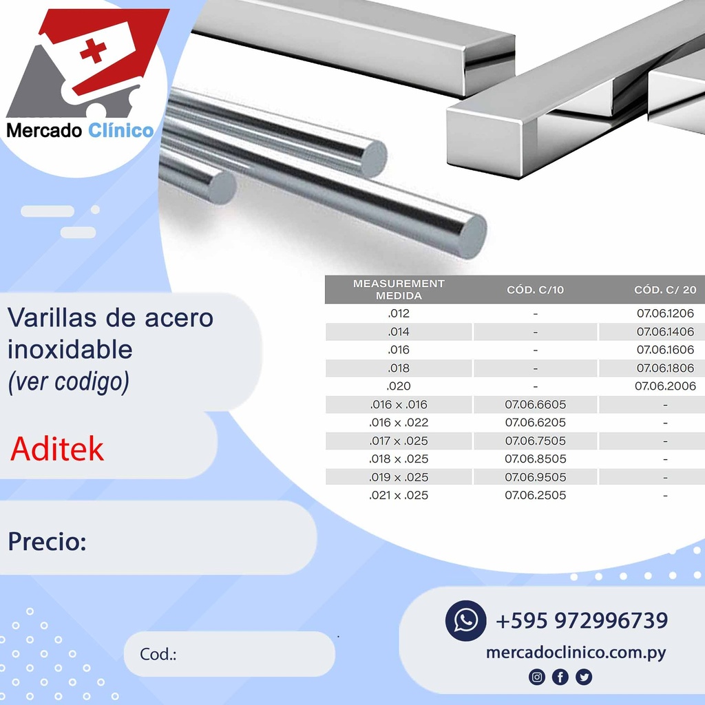 Varillas de acero inoxidable c/ 20 hilos - ADITEK